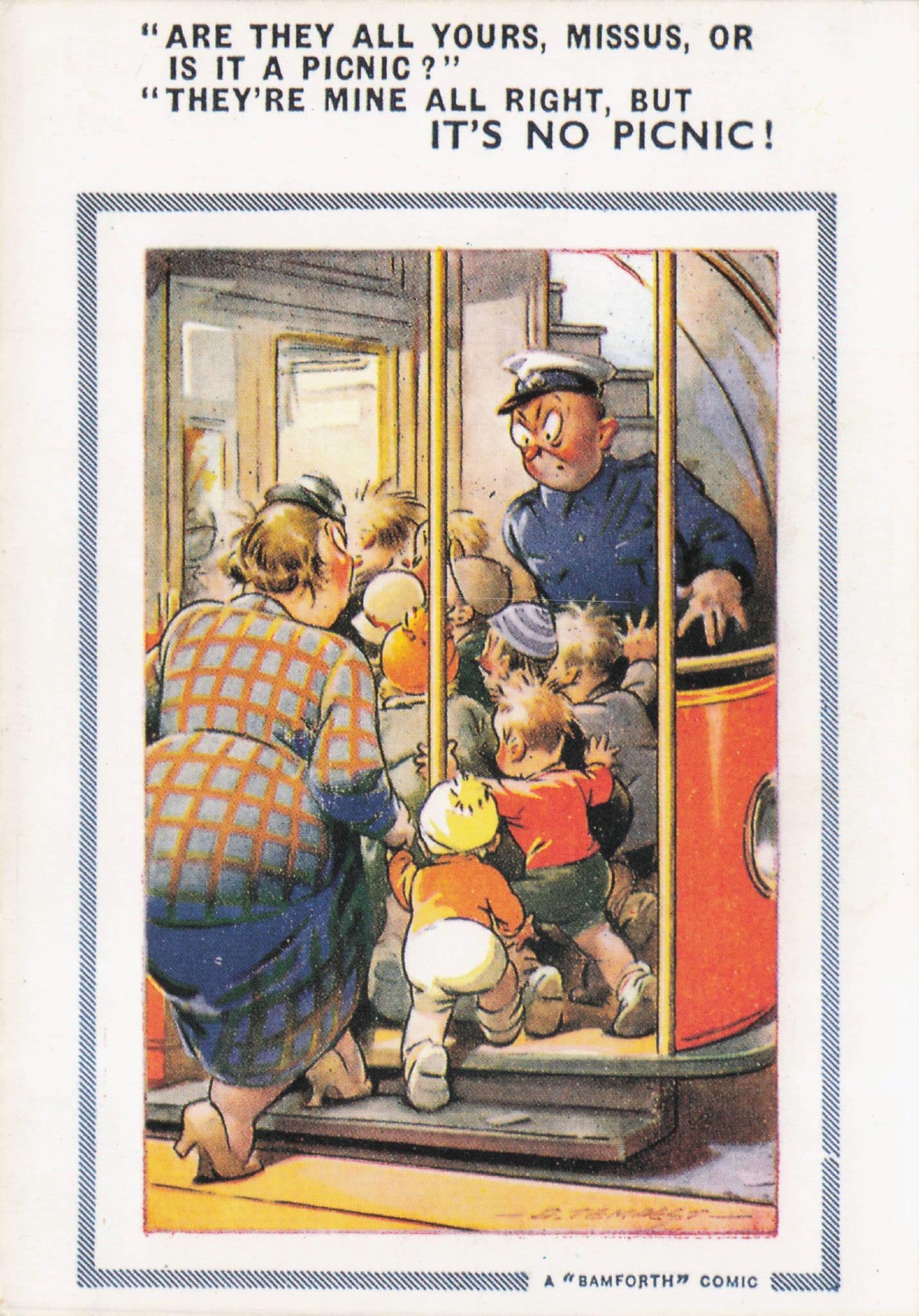 School Trip Overcrowded Bus Transport Disaster Comic Postcard