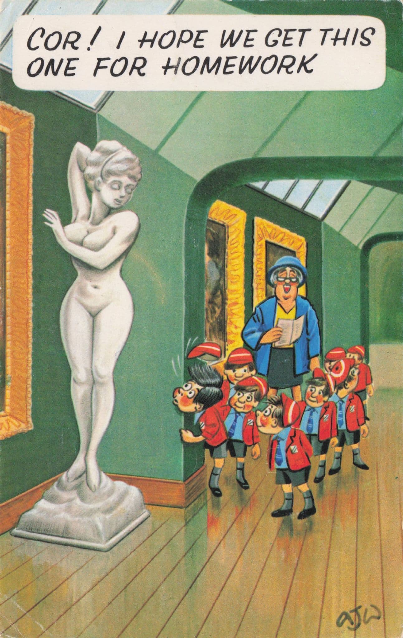 School Trip To Art Museum Risque Statue Vintage Comic Postcard