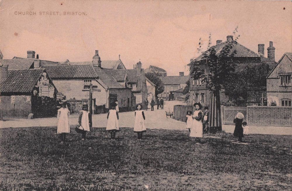 Schoolchildren at Village Sign Post Church Street Briston Norfolk Postcard