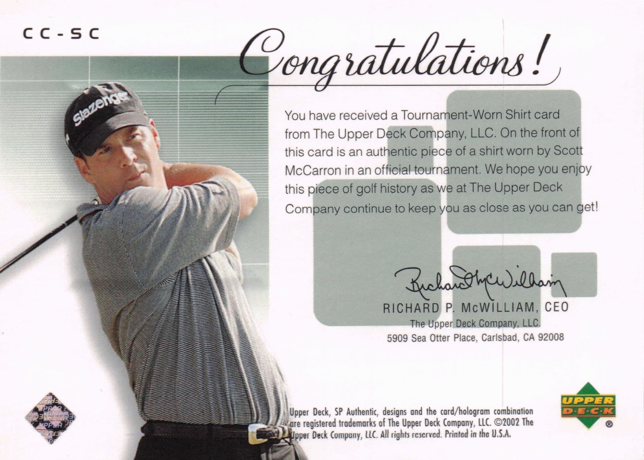 Scott McCarron Course Classics 2002 Authentic Worn PGA Tour Golf Shirt Card