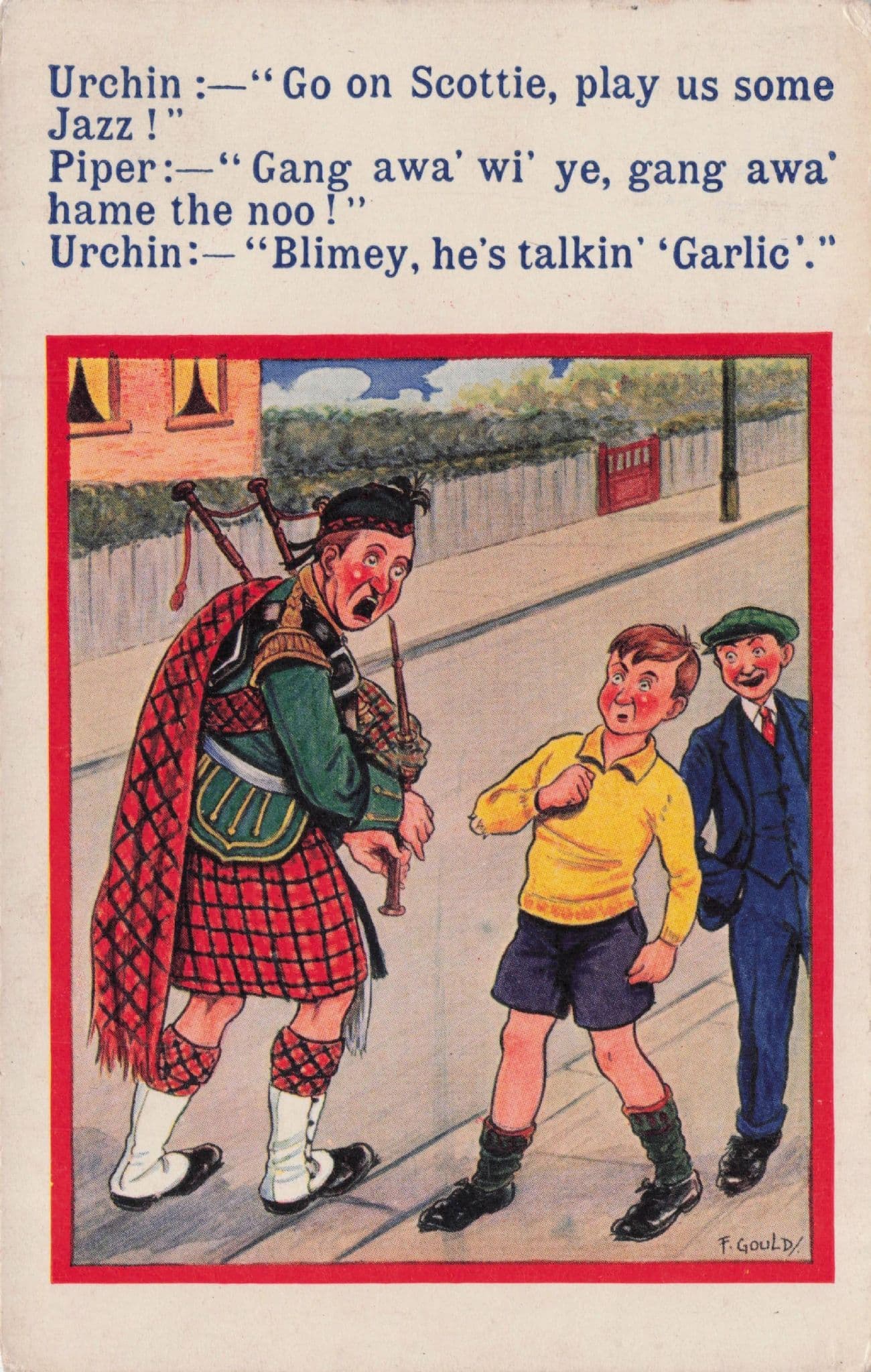Scottish Bagpipes Musician Dialect Is Garlie Old Scotland Comic Postcard