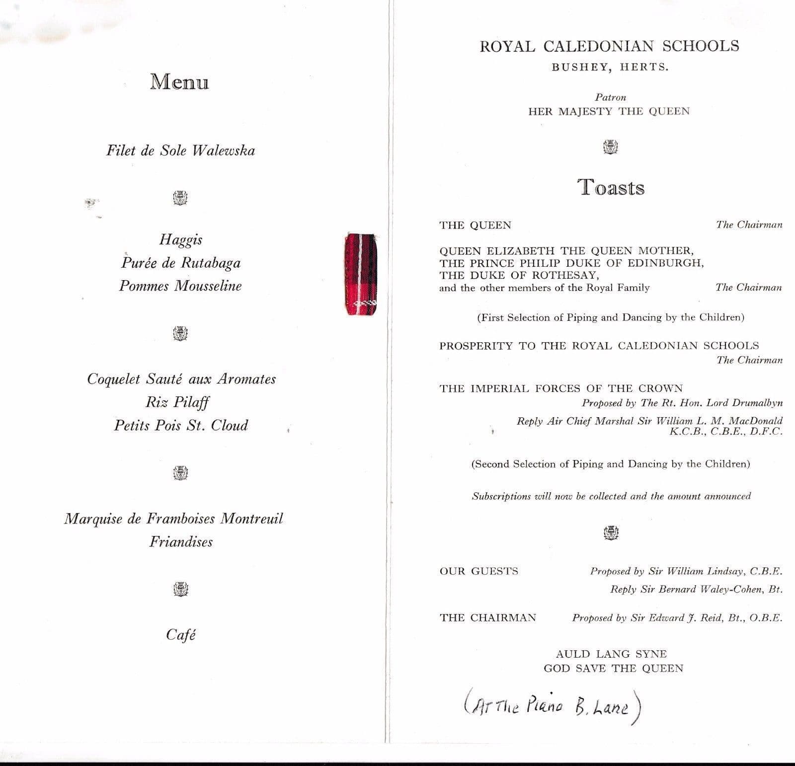 Scottish Caledonian Schools Opera Hertfordshire Hand Signed Vintage Herts Dinner Menu