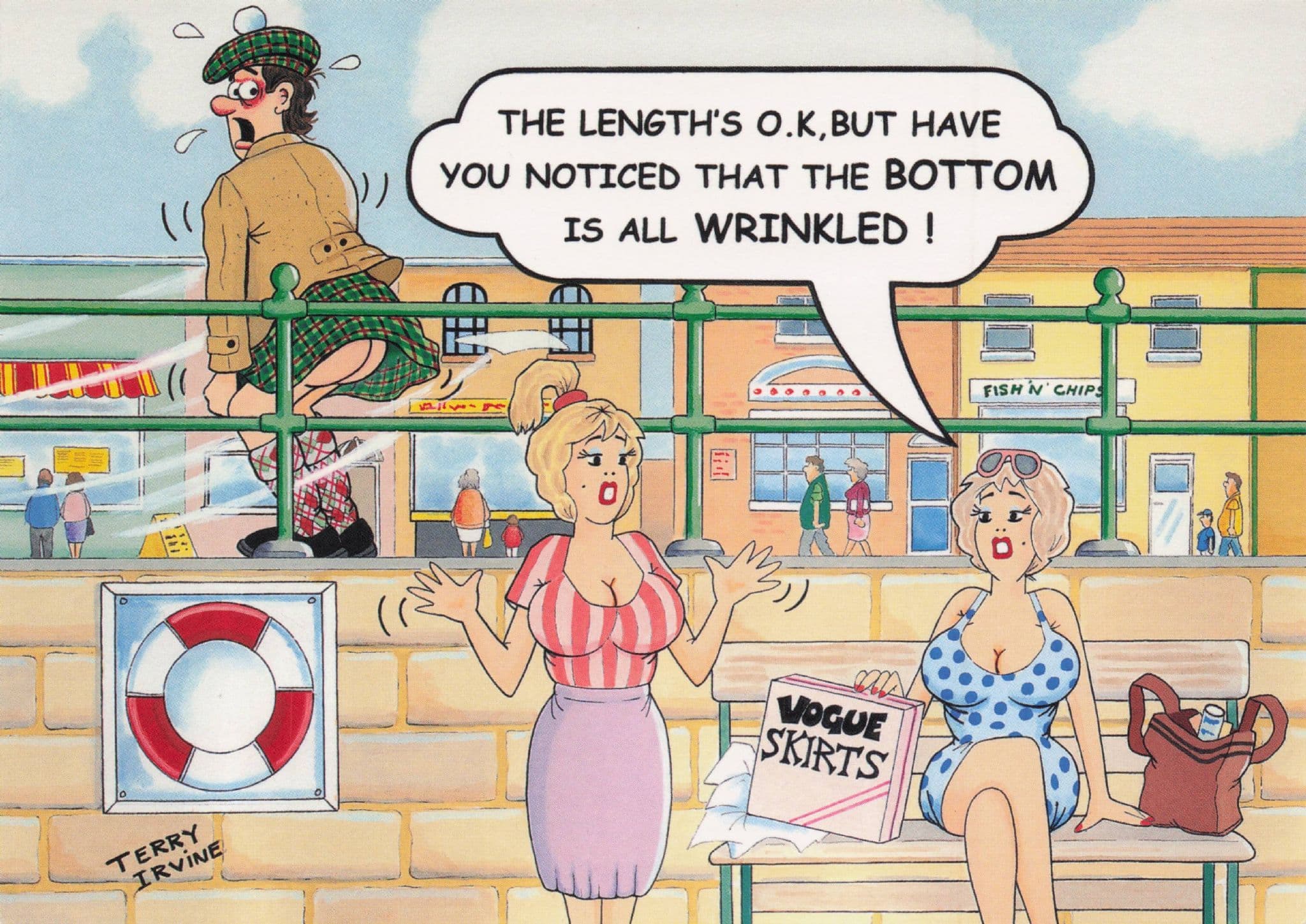 Scottish Kilt Streaker Fish & Chip Shop Vogue Skirt Comic Postcard