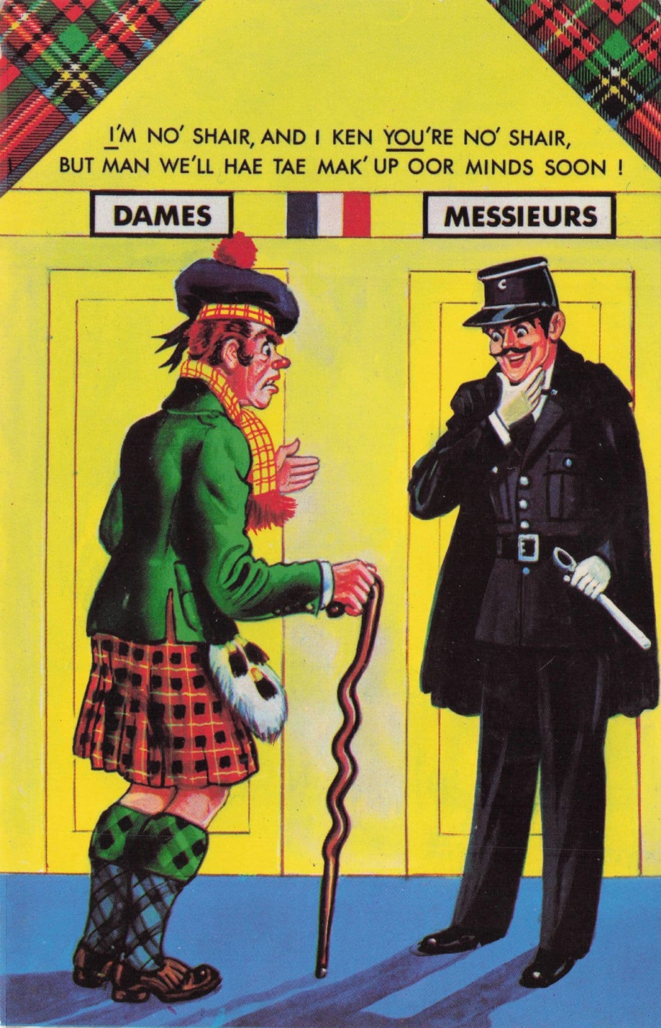 Scottish Man in France Kilt Mens Womens Toilets Old Comic Postcard