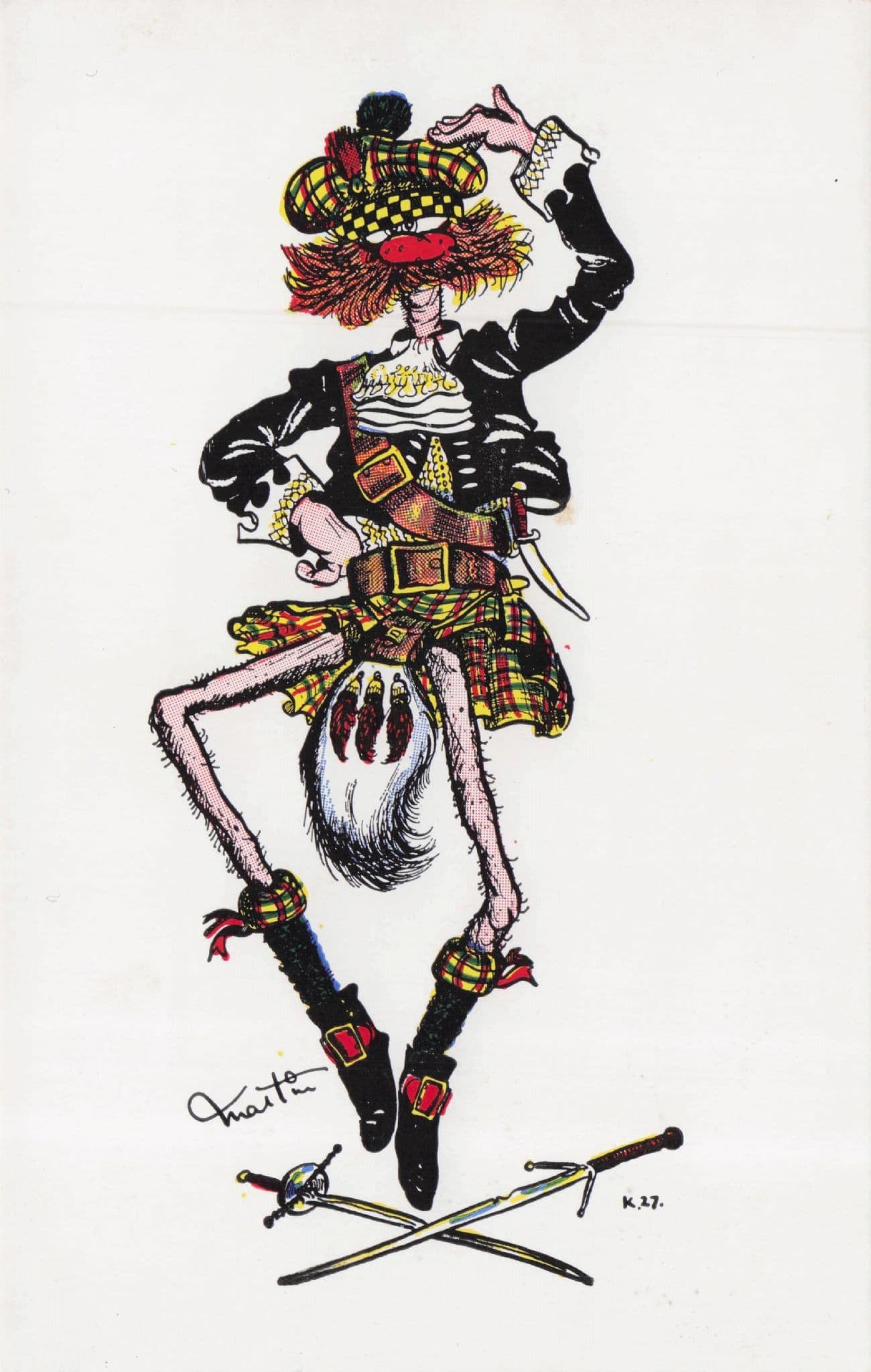 Scottish Man Sword Dancing Jig Scotland Art Caricature Postcard