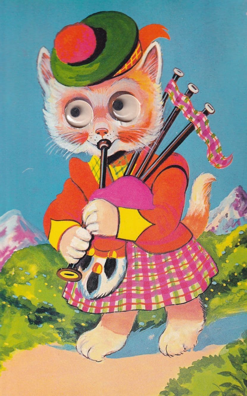 Scottish Musical Fox Bagpipes Old Moving Glass Eyes Postcard