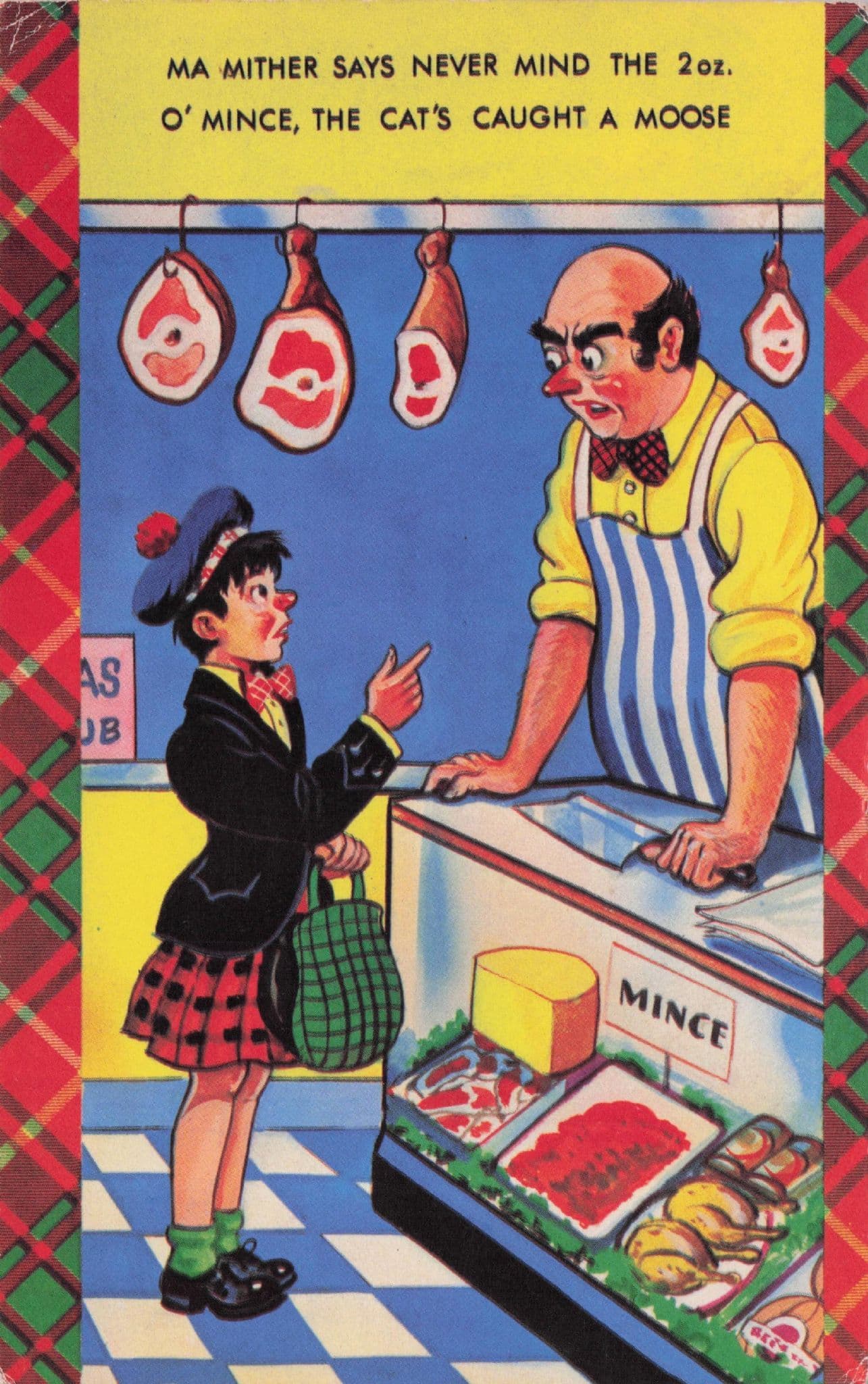 Scottish Old Butchers Shop Mince Meat Cat 1960s Comic Postcard