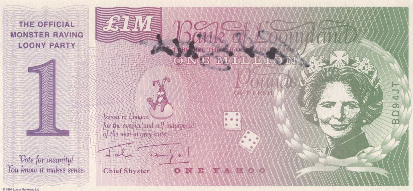 Screaming Lord Sutch Hand Signed Margaret Thatcher Money Autograph
