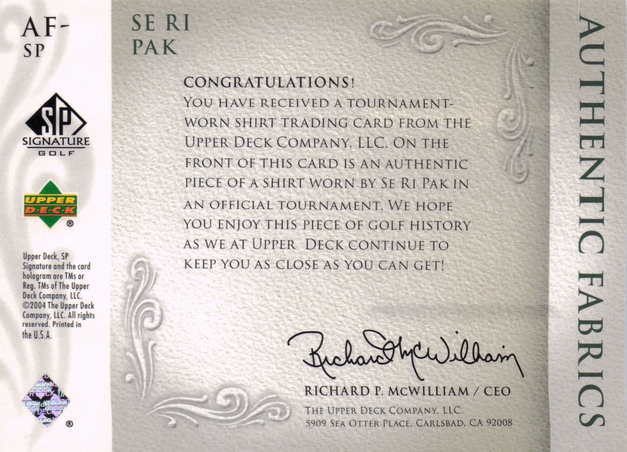 Se Ri Pak Authentic Fabrics 2004 Upper Deck Real Golf Shirt Card
