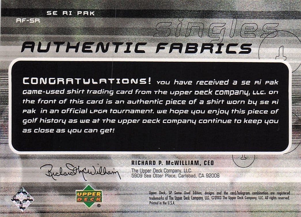 Se Ri Pak Authentic Fabrics Singles 2003 Golf Upper Deck Worn Shirt Card