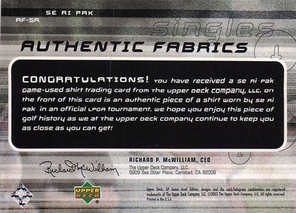 Se Ri Pak Authentic Fabrics Singles 2003 Golf Upper Deck Worn Shirt Card