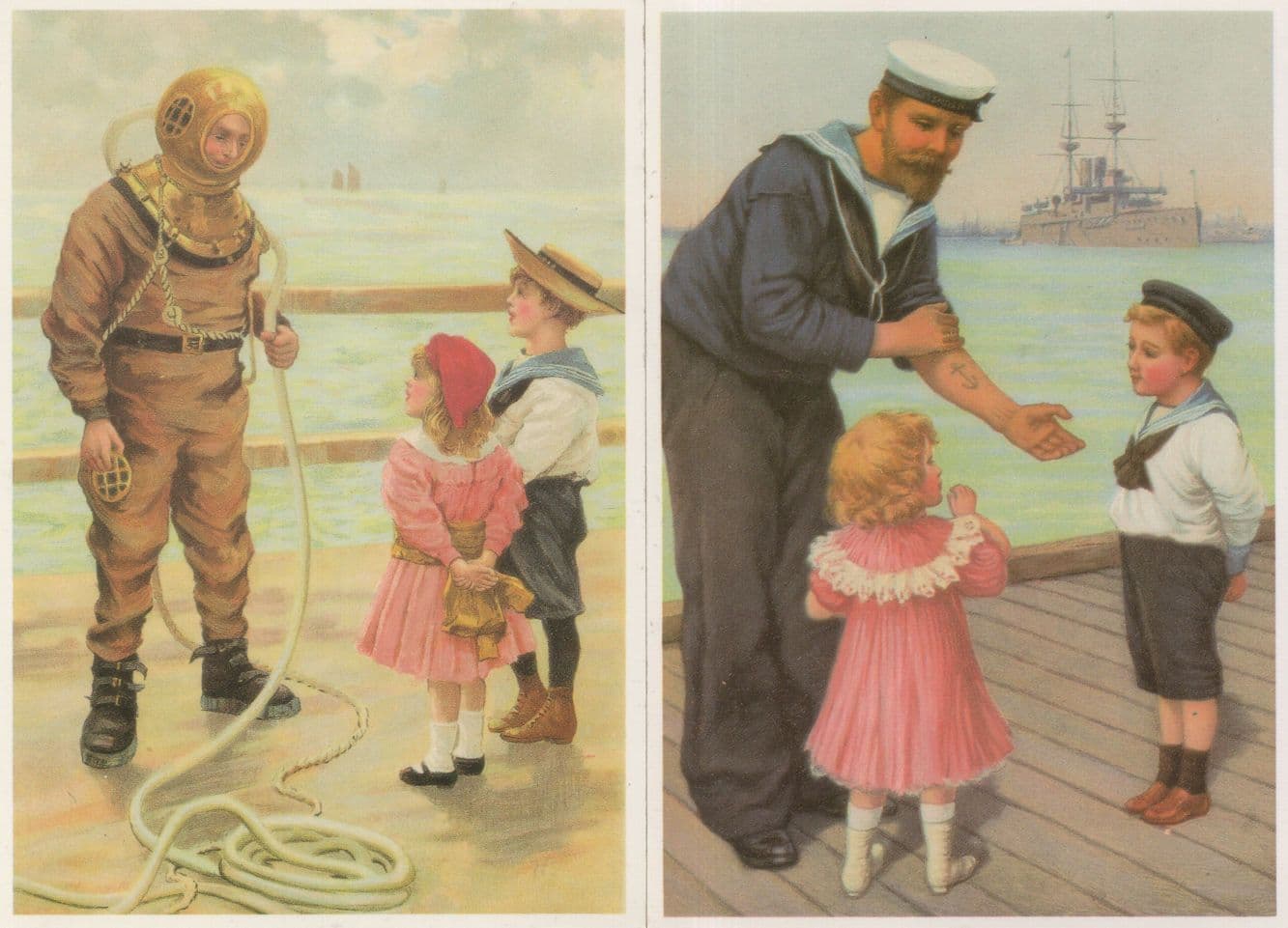 Sea Sailors Divers Teaching Children 2x Painting Postcard s