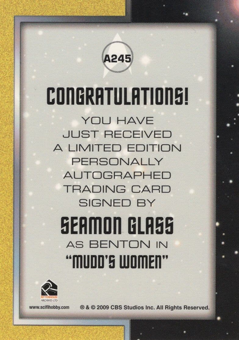 Seamon Glass Star Trek Original Series FIRST Episode Autograph Card