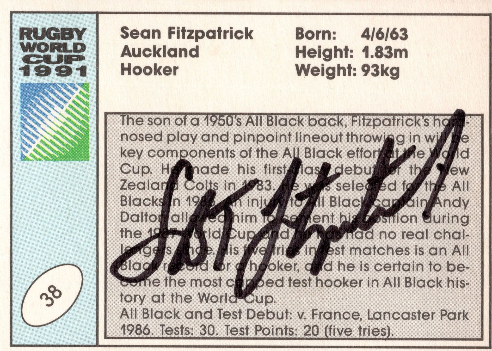 Sean Fitzpatrick New Zealand Hand Signed Rugby 1991 World Cup Card Photo