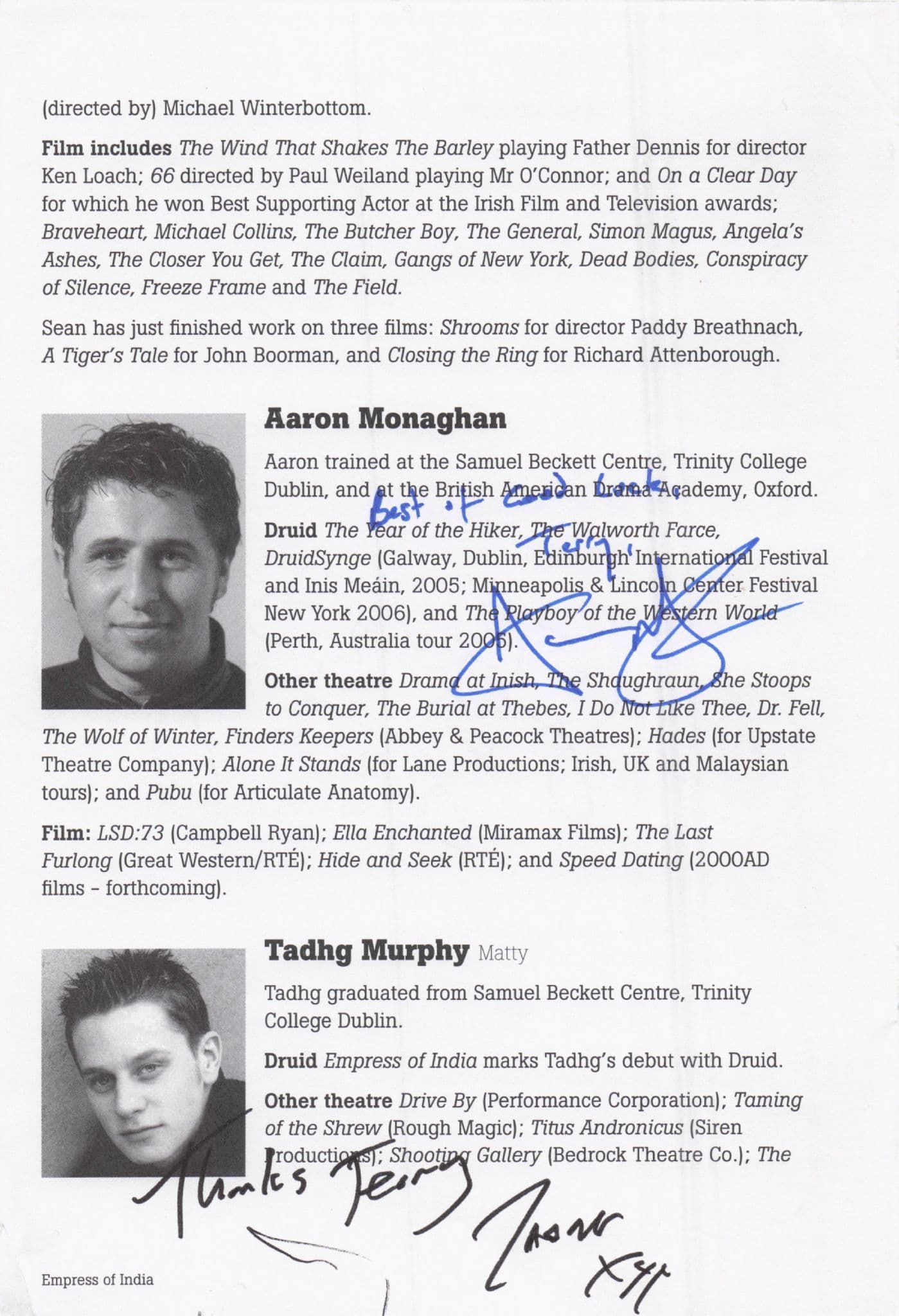 Sean McGinley Braveheart Tadhg Murphy Vikings 3x Hand Signed Theatre Page