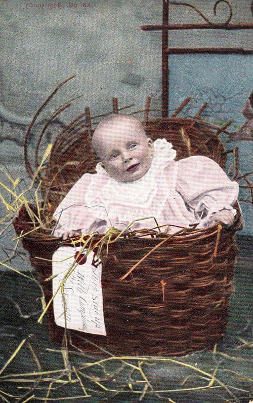 Season Baby Child In Basket Gift Present + Baggage Tag Antique Postcard
