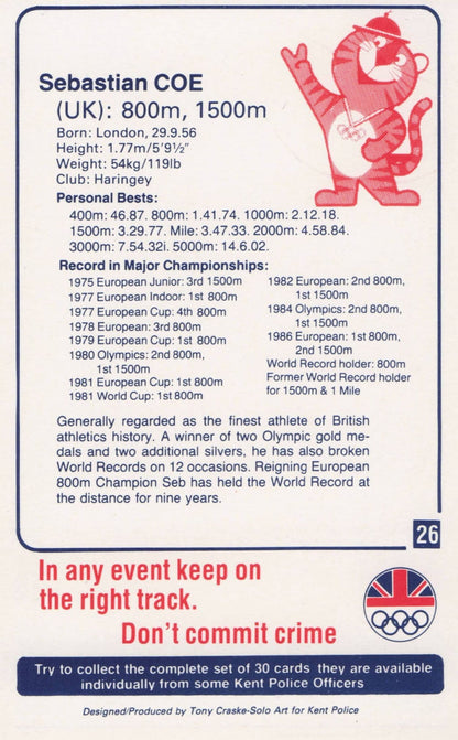 Sebastian Coe British GB Athlete Olympics 1988 Rare Police Trade Photo Card