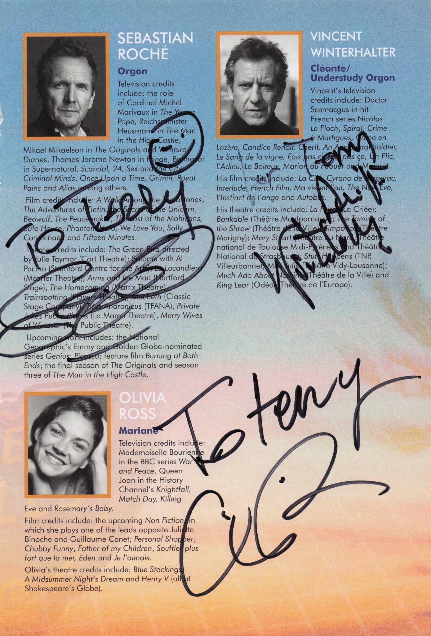 Sebastian Roche Vincent Winterhalter Olivia Ross Hand Signed Theatre Page