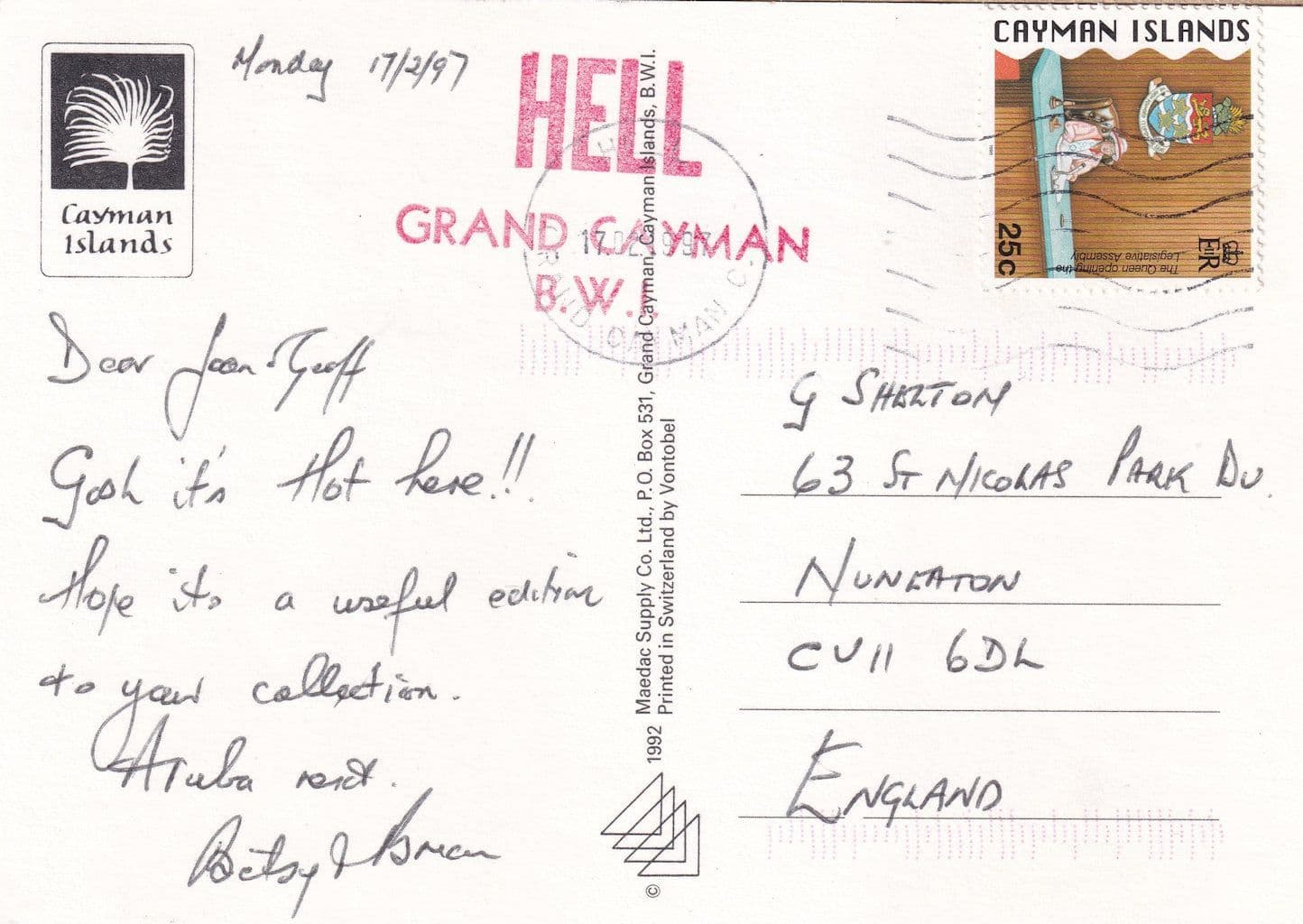 Sent From Former Hell Post Office & Today Grand Canyon Rainbow Frank Postcard
