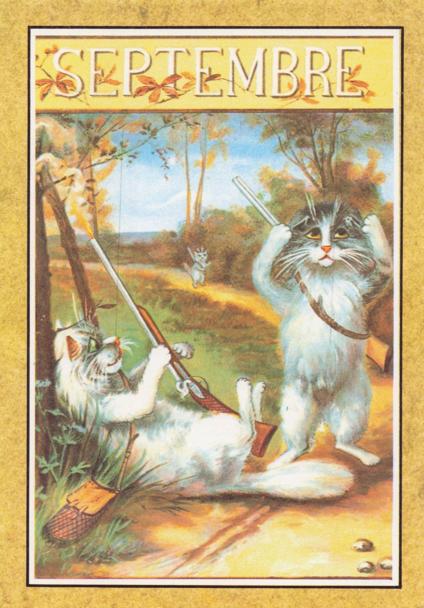 Septembre Cats On Rifle Shooting Hunt Calendar French Cat Postcard