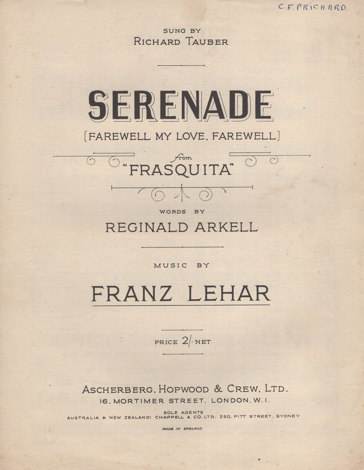 Serenade Franz Lehar Frasquita Antique Sheet Music