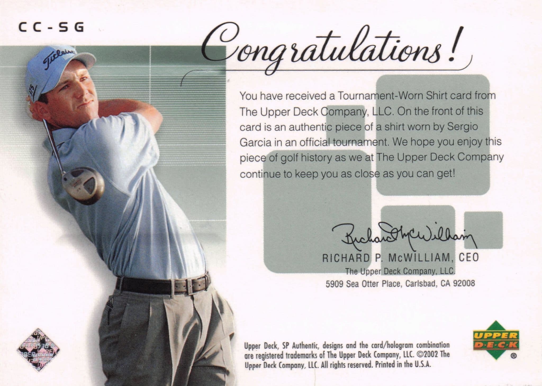 Sergio Garcia Course Classics 2002 Authentic Worn PGA Tour Golf Shirt Card