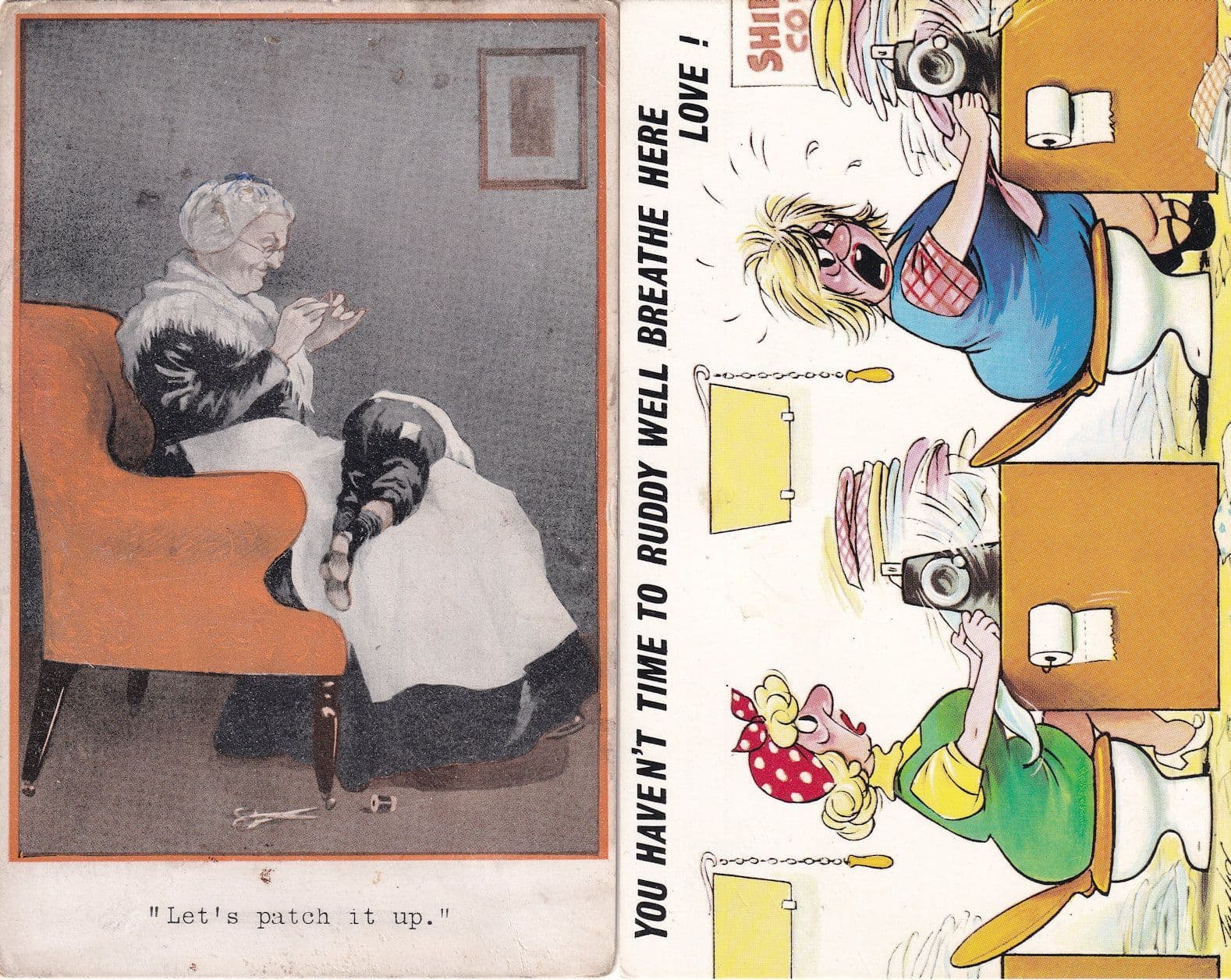 Sewing Factory Needlework 2x Comic Postcard s