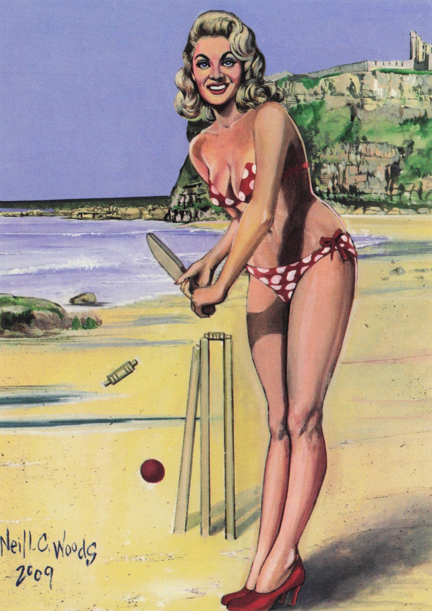 Sexy Beach Bikini Cricket Player Lady Painting Postcard
