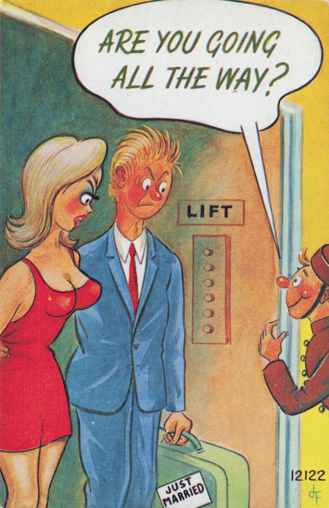 Sexy Elevator Hotel Orgasm Lift Attendant Just Married Comic Postcard