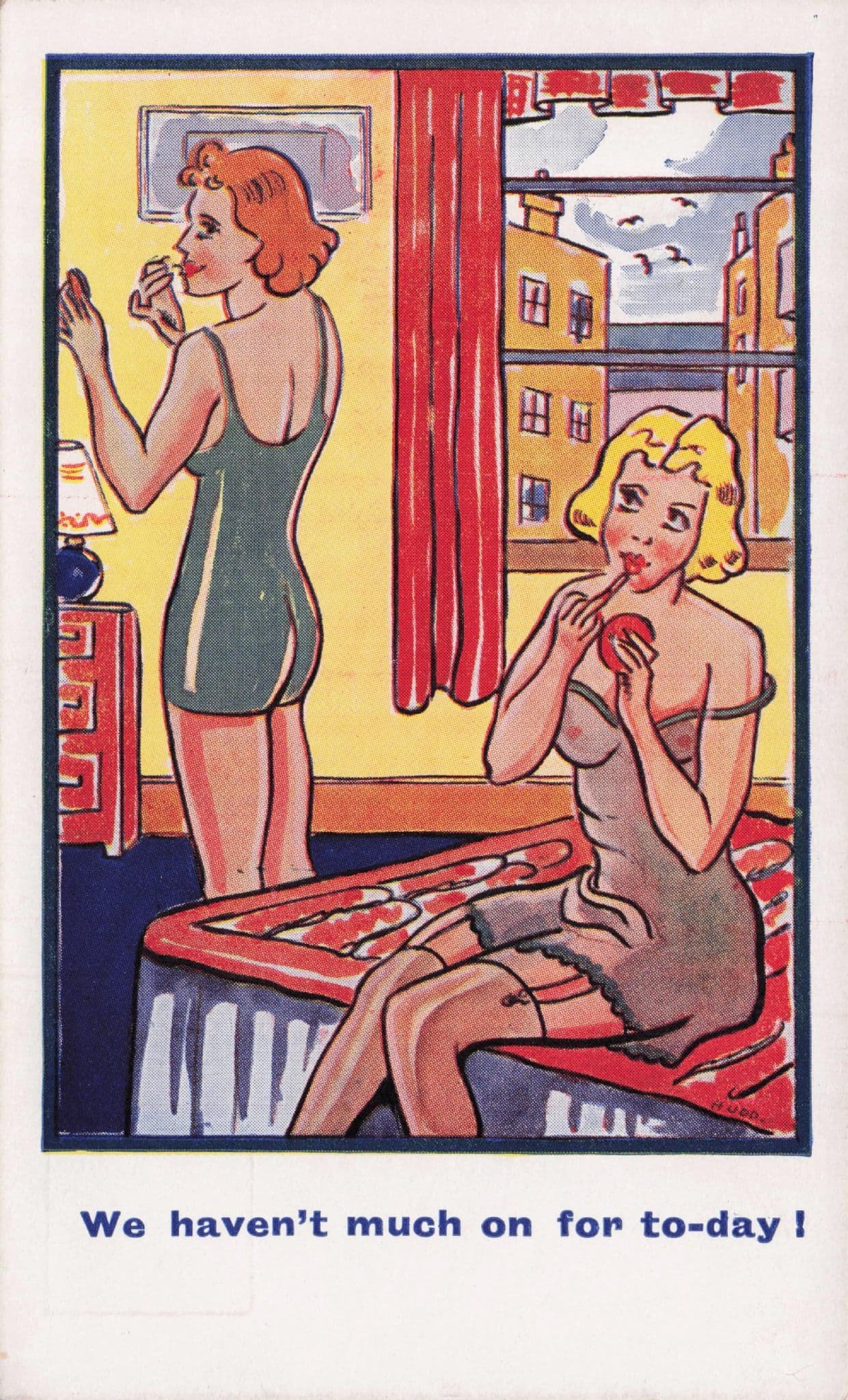 Sexy Ladies Nothing Much On Today Double Meaning Old Comic Postcard
