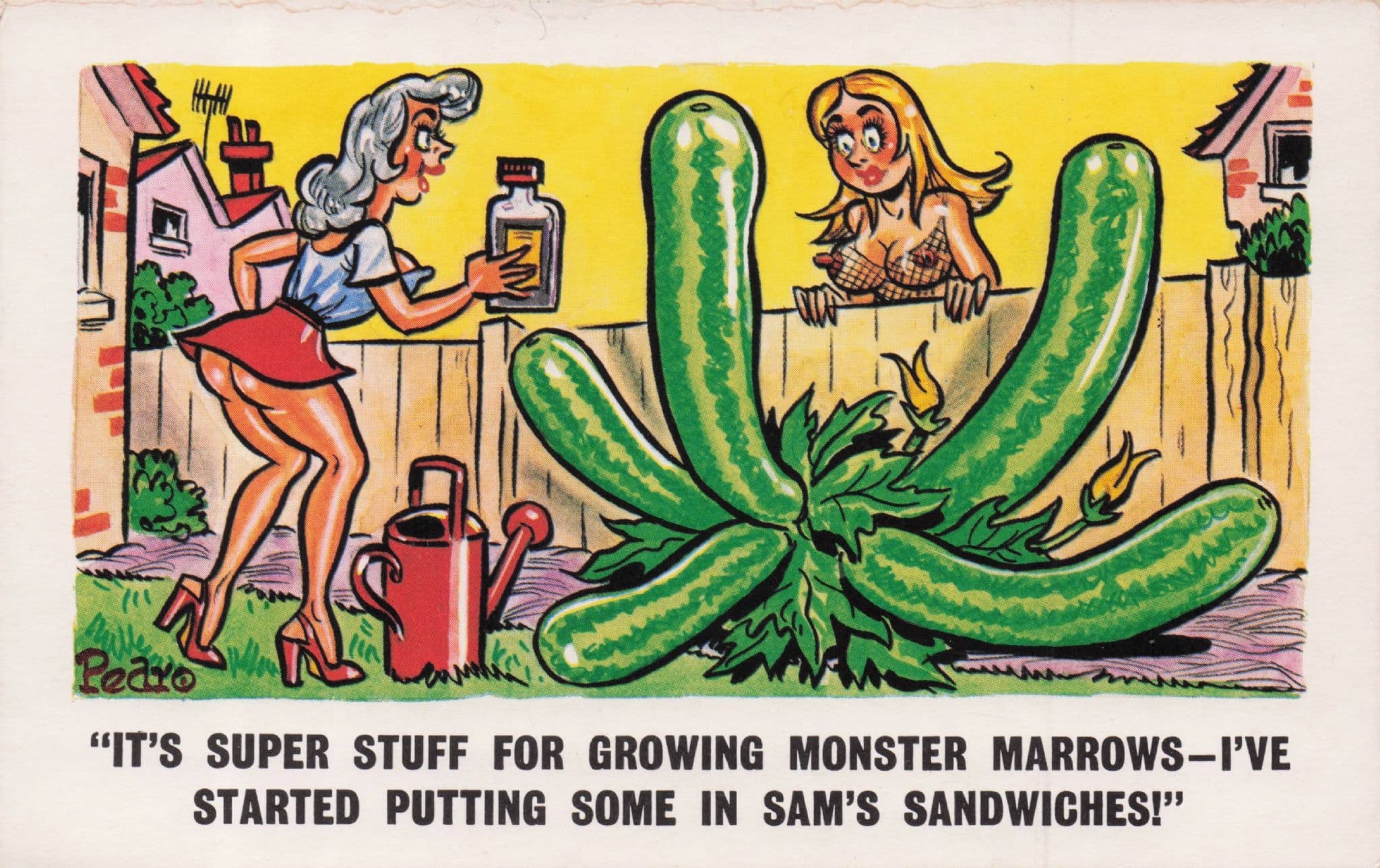 Sexy Lady Gardener Monster Marrows Vegetable Jar Old Comic Postcard