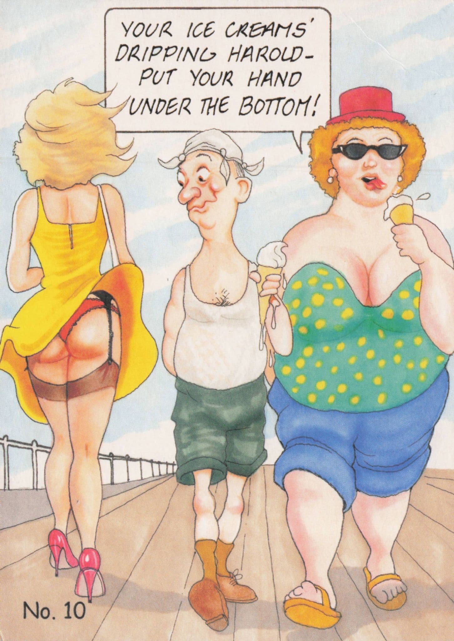Sexy Lady Ice Cream Cornet Beach Holiday Upskirt View Comic Postcard