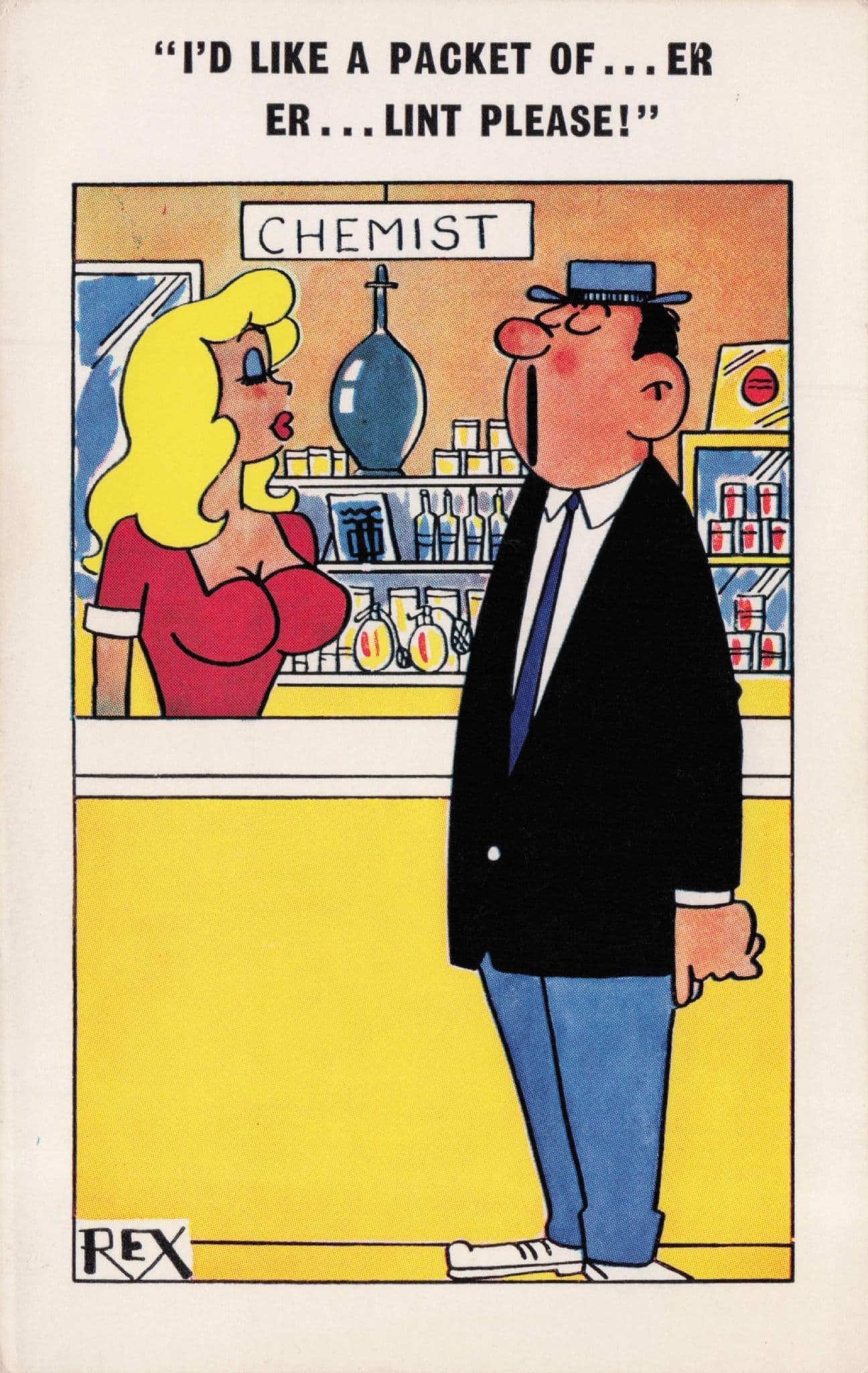 Sexy Lady In Chemists Pharmacy Packet Of Lint Old Comic Postcard