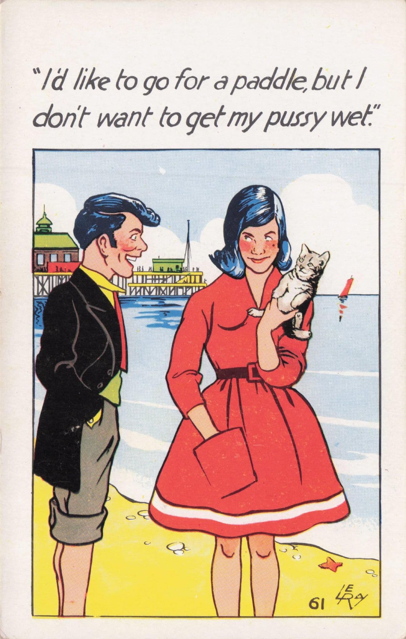 Sexy Lady Paddling Tabby Kitten Cat Pussy Seaside Flirting Comic Postcard