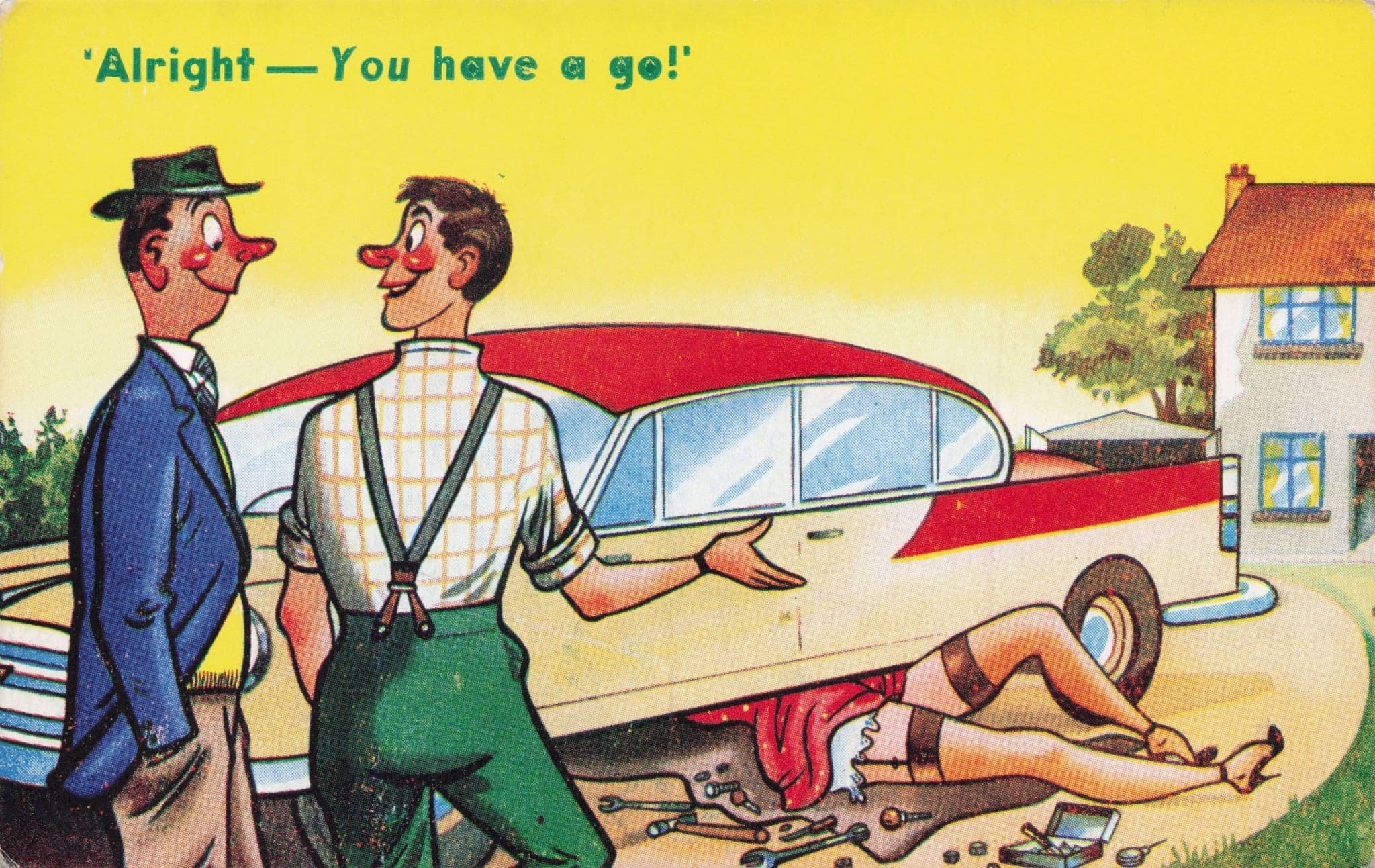 Sexy Lady Stocking Tops Car Repair Giggle Series Comic Postcard