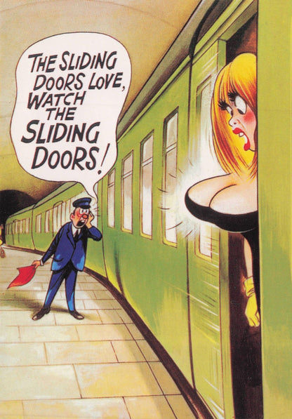 Sexy Lady Tube Train Boobs Getting Stuck Bamforth Comic Postcard