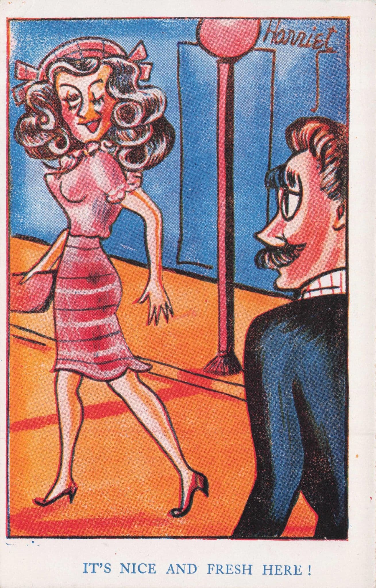 Sexy Red Light Lady 1960s Streetlamp Flirting Old Comic Postcard