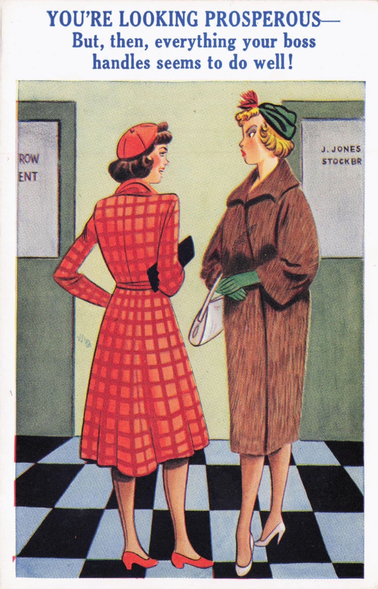 Sexy Stockbroker Secretary Posh Fur Coat Girl Envy Old Comic Postcard
