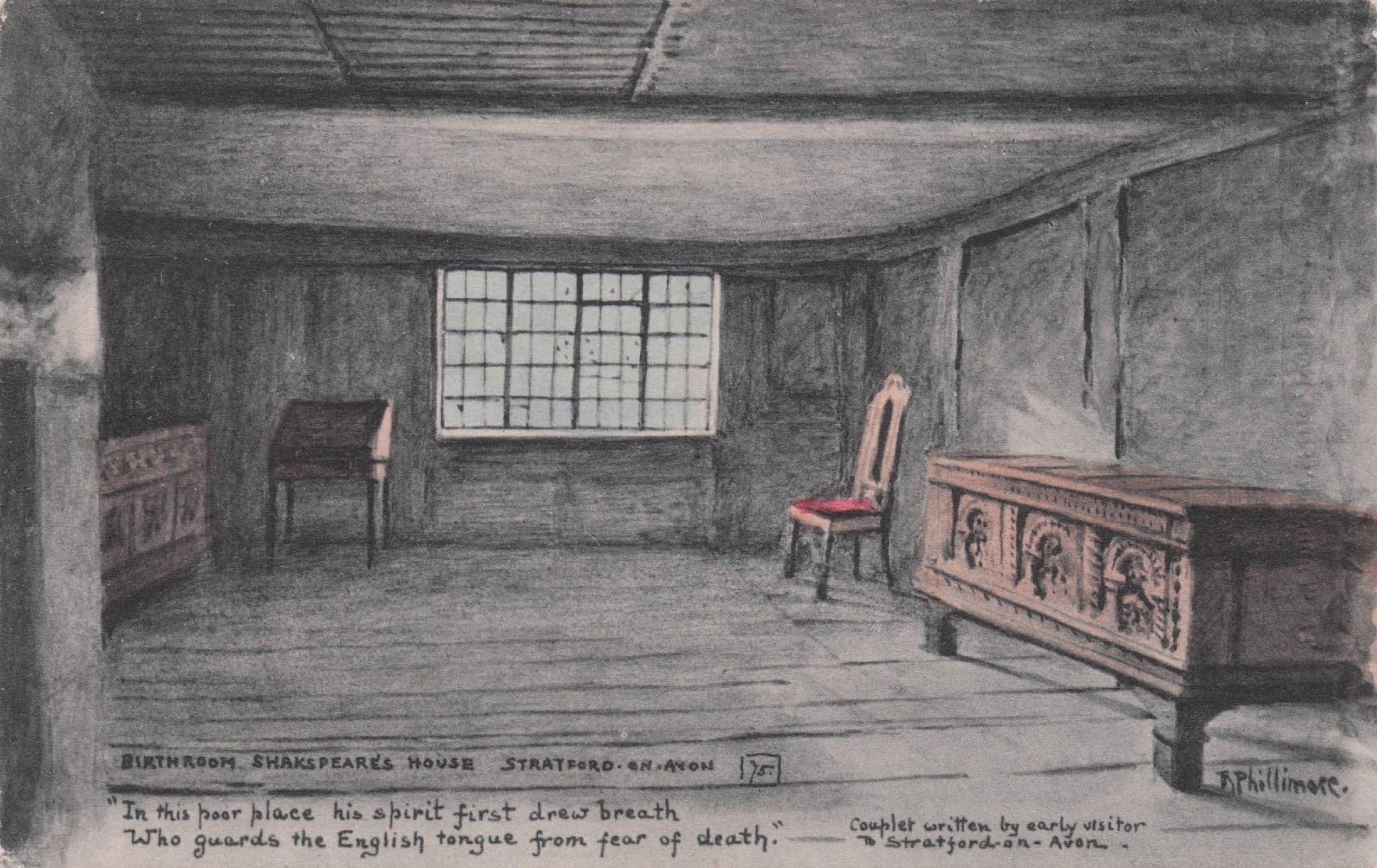 Shakespeare's House Birthroom First Breath Poem Phillimore Postcard