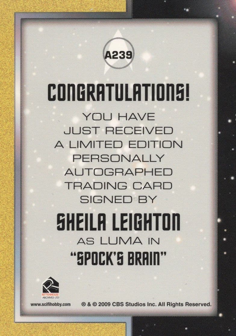 Sheila Leighton Star Trek Dr Spock Brain Rare Signed Autograph Card