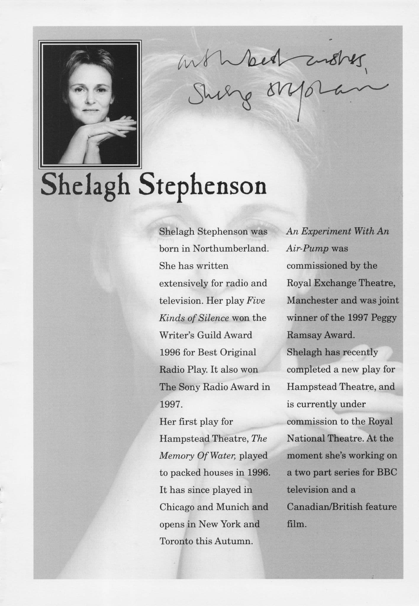 Shelagh Stephenson Irish BBC Radio Playwright Hand Signed Theatre Page