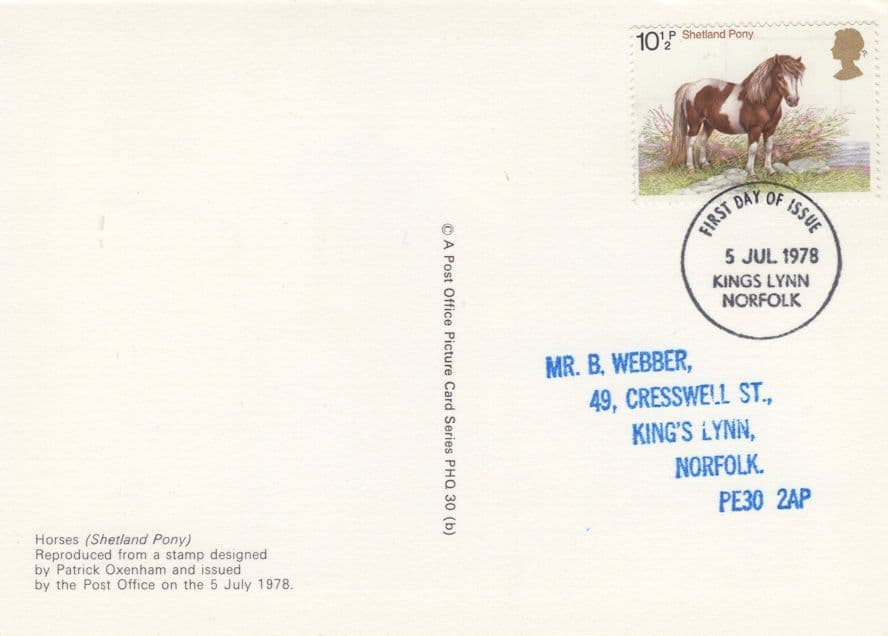 Shetland Pony Norfolk Kings Lynn First Day Cover Rare Postcard