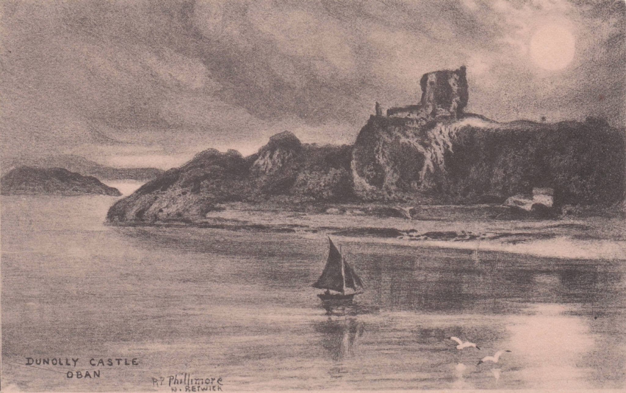 Ship At Sunset Dunolly Castle Oban Scottish Phillimore Old Rare Postcard
