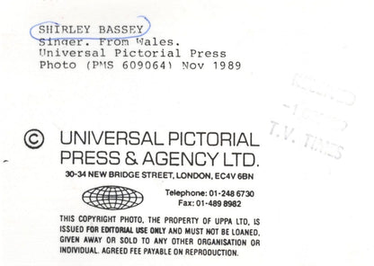 Shirley Bassey Live On Television 1989 Small London Press Photo