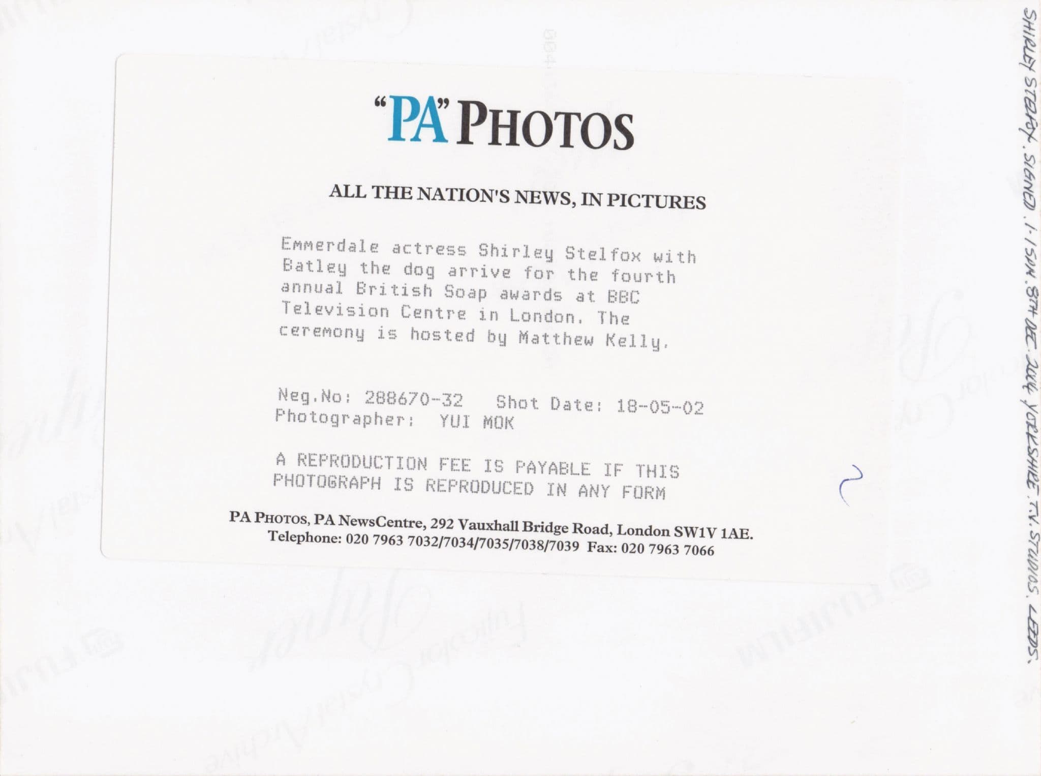 Shirley Stelfox Emmerdale 2002 TV Soap Awards 8x6 Hand Signed Press Photo