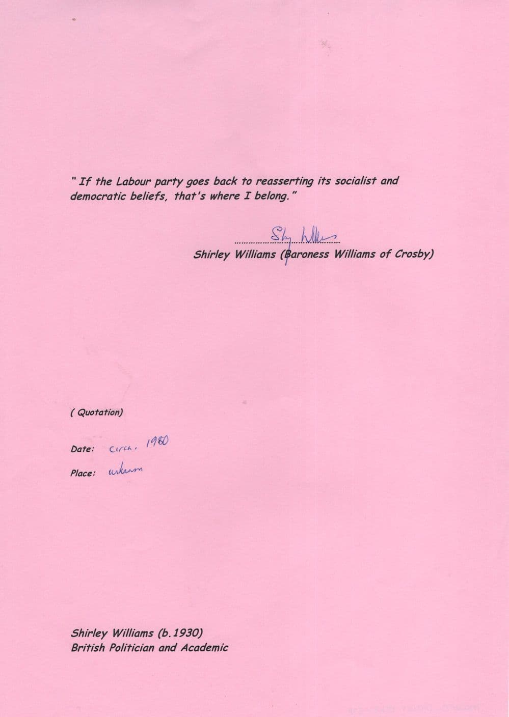 Shirley Williams MP Politician Large Hand Signed Autograph