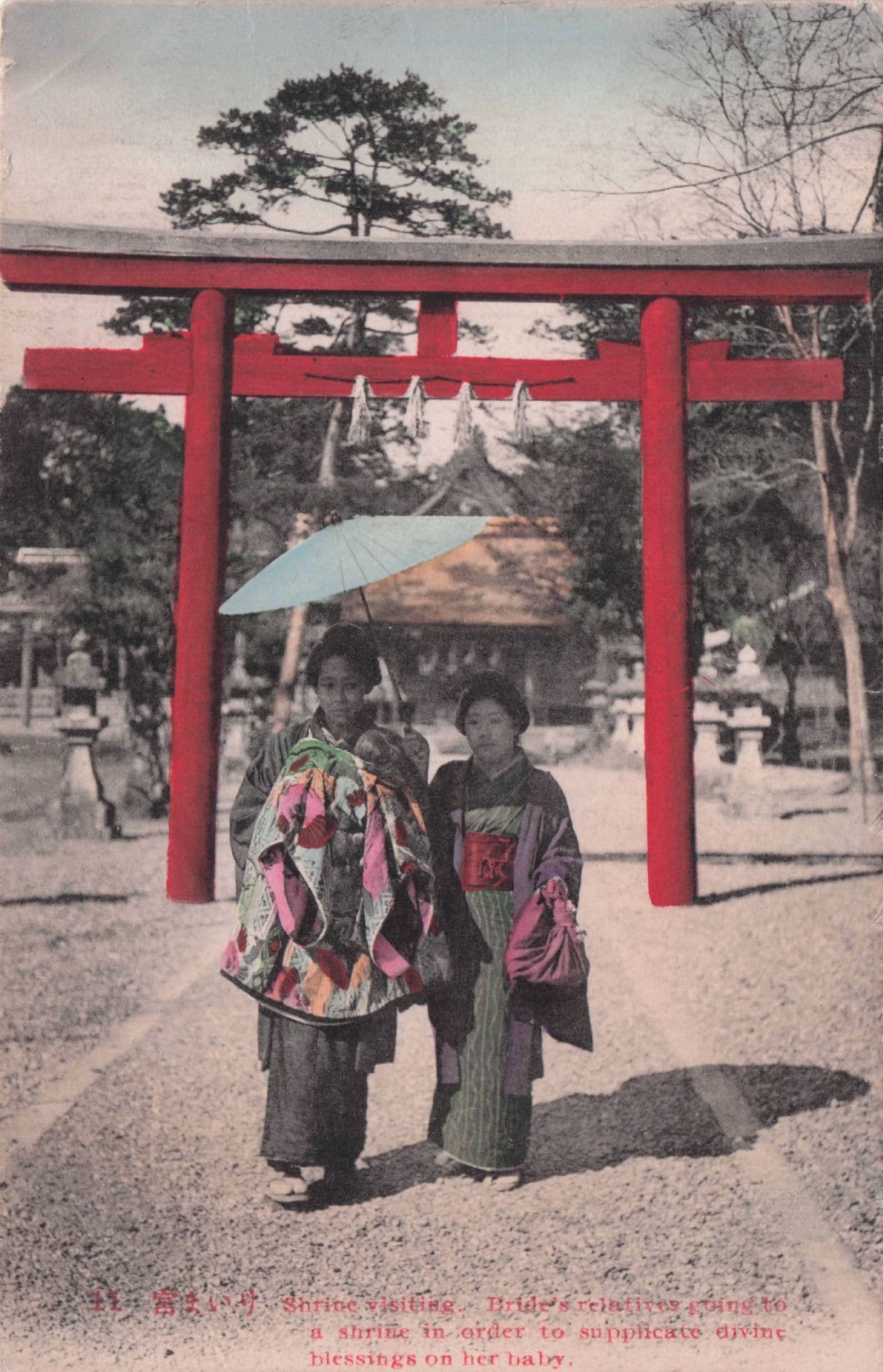 Shrine Visiting For Divine Blessings To Baby Antique Japanese Postcard
