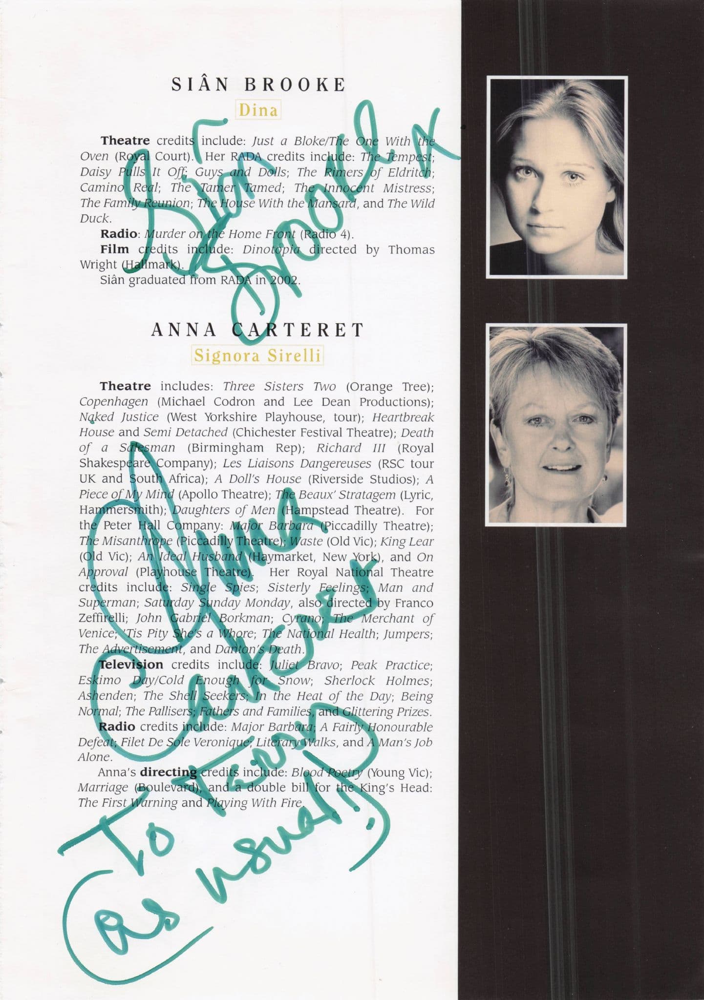 Sian Brooke Anna Carteret Darrell De Silva Hand Signed Theatre Page