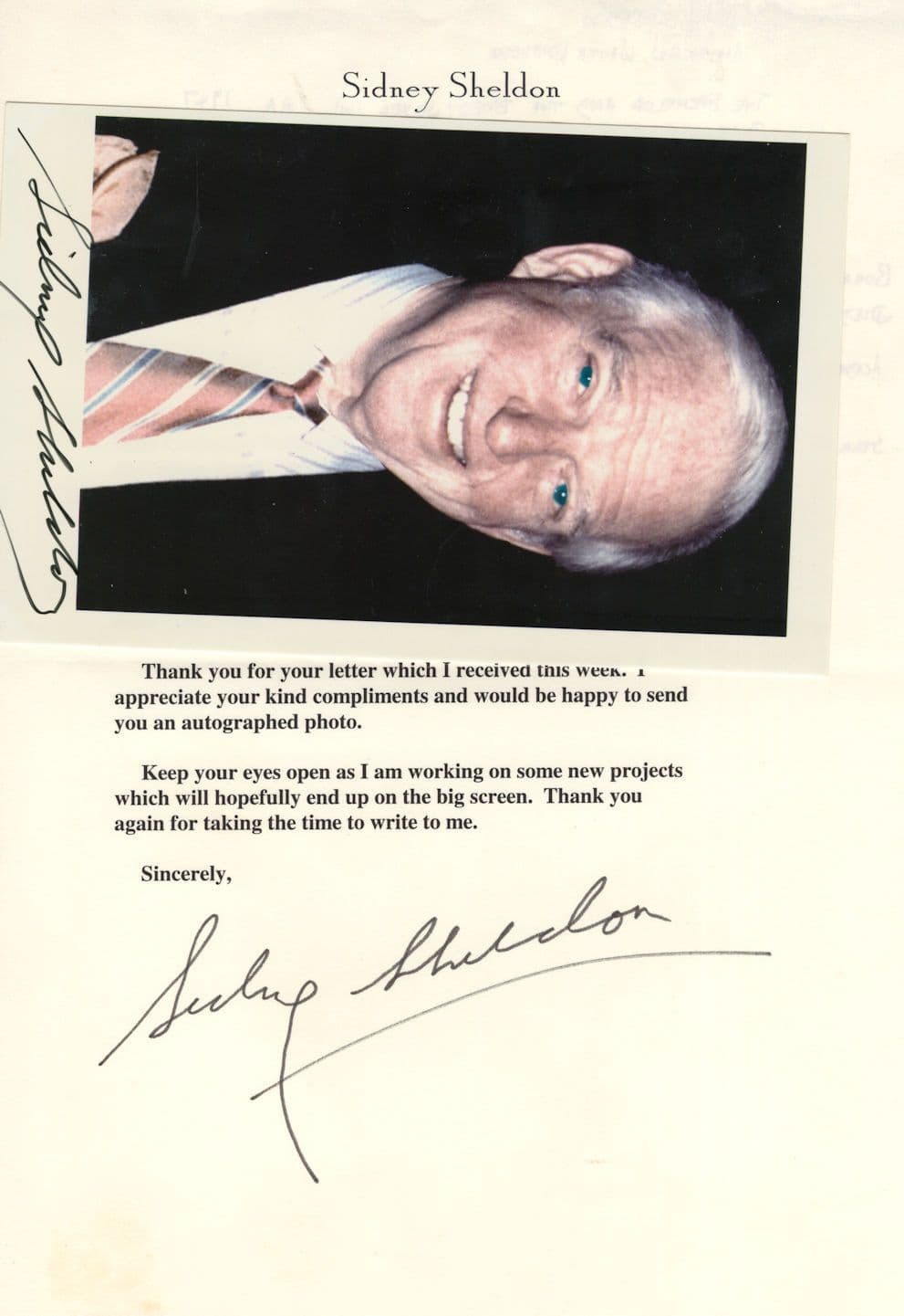 Sidney Sheldon Oscar Book Author Hand Signed Photo & Autograph Letter