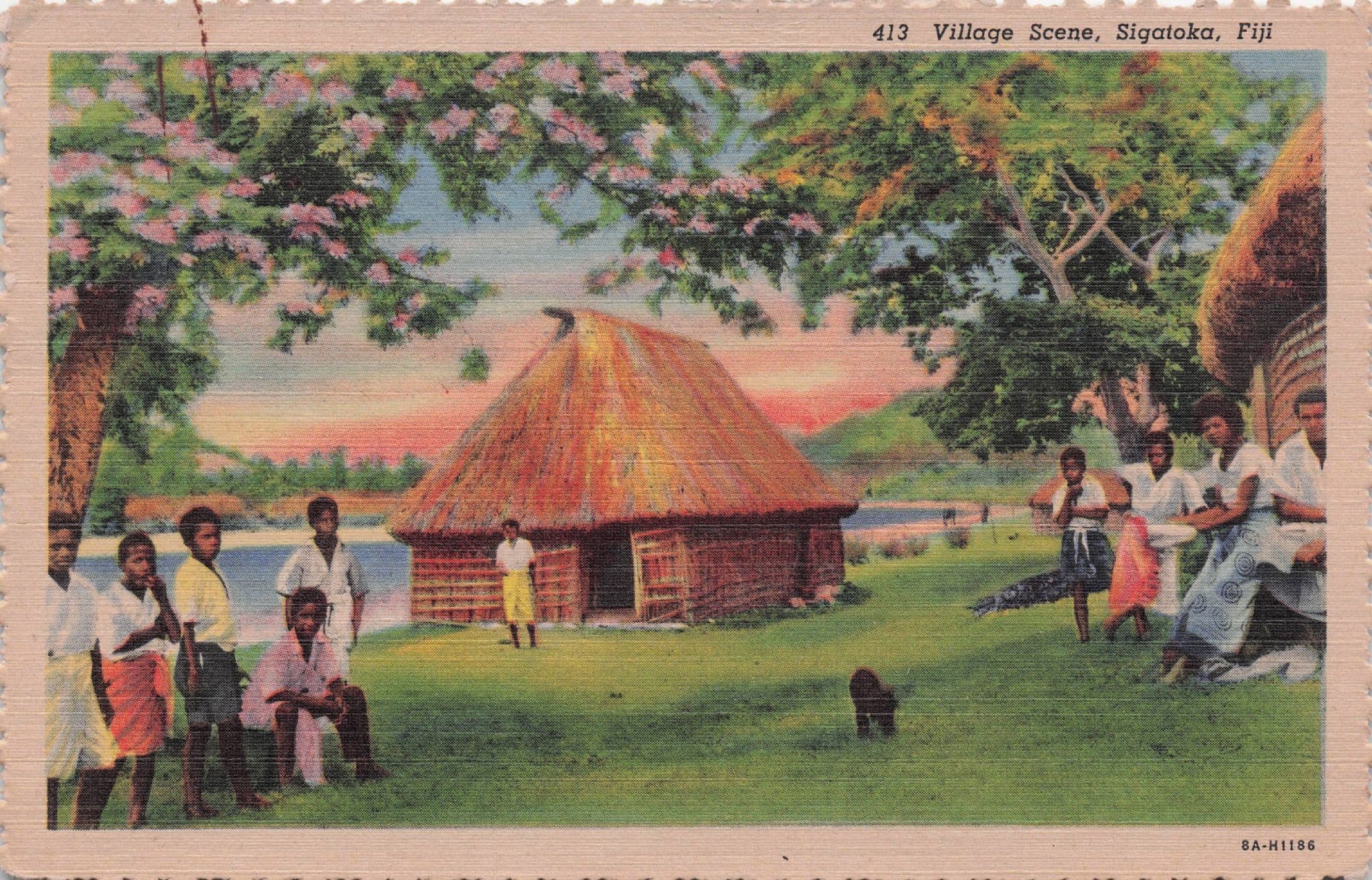 Sigatoka Village Scene Fuji Linen Antique Linen Postcard